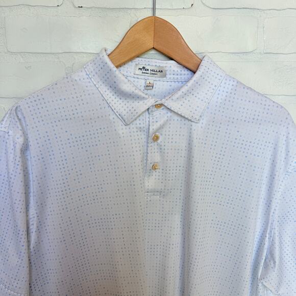 Peter Millar Men's Summer Comfort Golf White Blue Letter Print Polo Size L - Picture 1 of 6